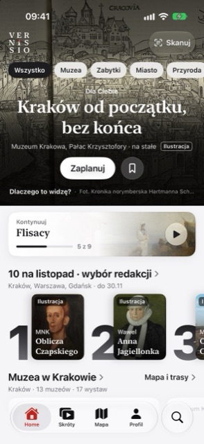 Vernissio home screen with the Kraków exhibition and a list of museums in Kraków