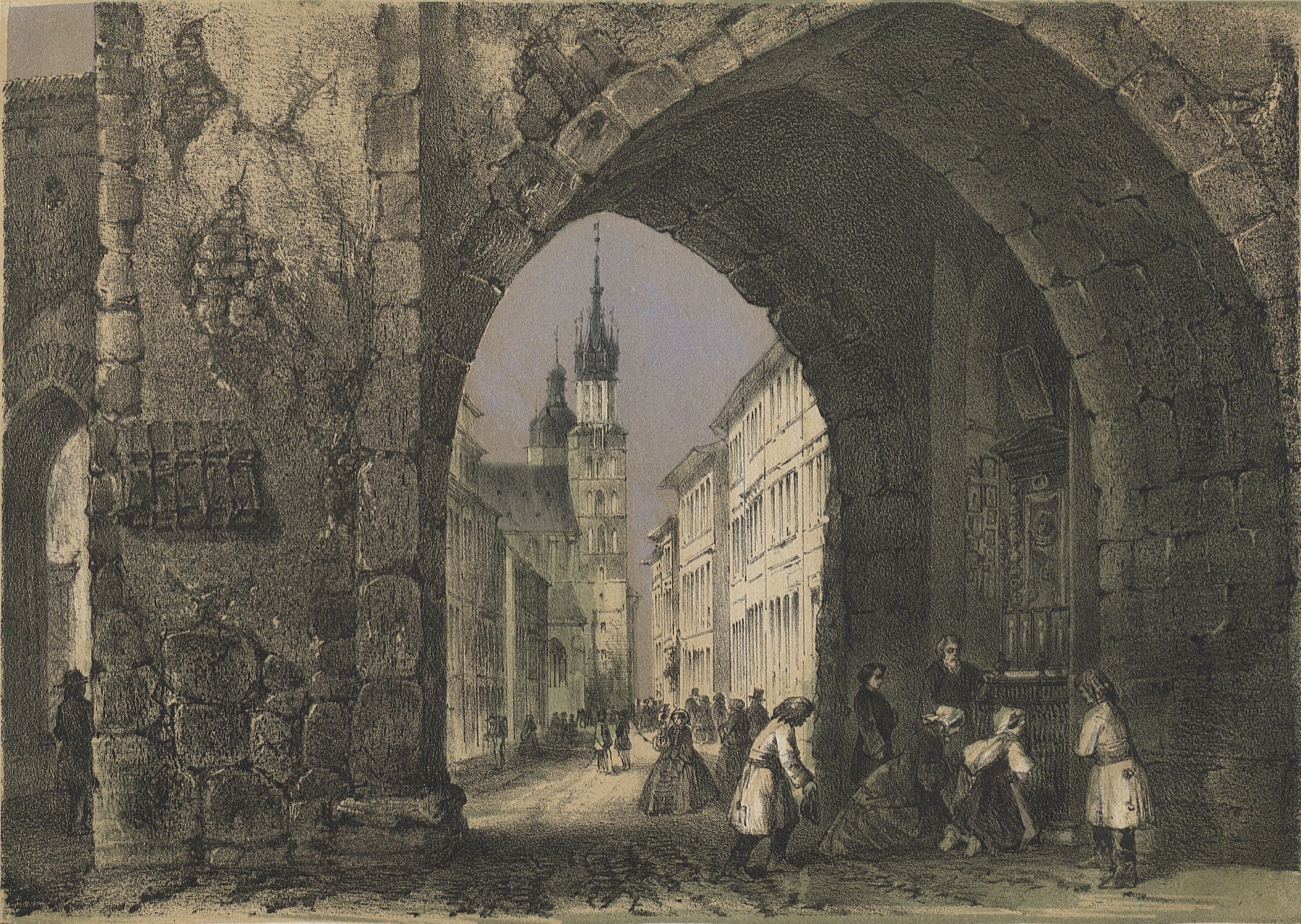 A view from St Florian's Gate down Floriańska Street, a lithograph from 1862.