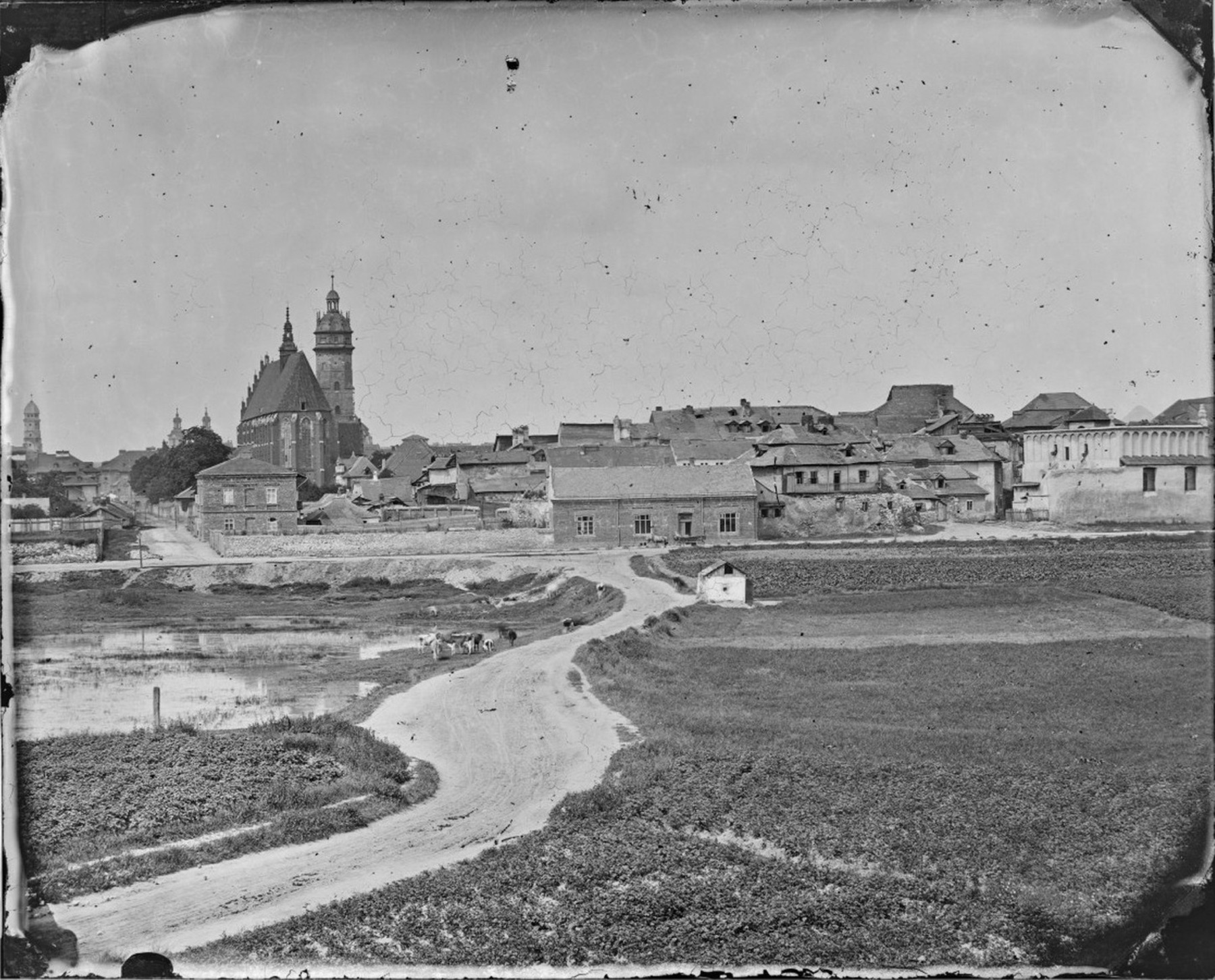 Kazimierz from the east in 1870: Corpus Christi Church and the Old Synagogue.