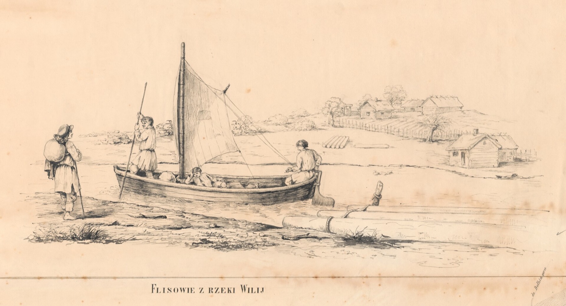 A pen drawing on cream paper. By the bank, a wooden boat with a sail and three men; one of them pushes off with a long pole. On the left, a traveller with a sack on his back and a stick. Logs lie on the water; in the background, wooden cottages.