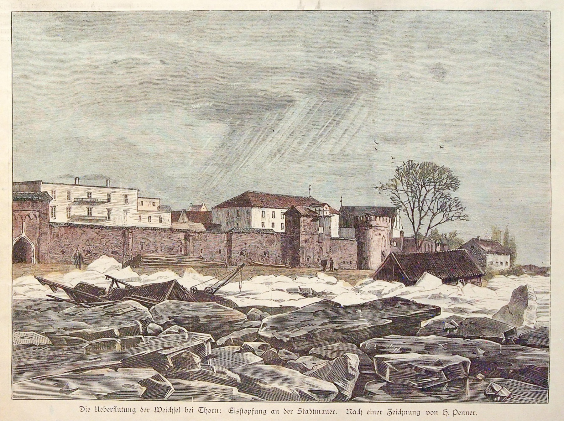 A coloured woodcut. Huge blocks of ice pile up beneath the brick walls of Toruń. On the left, an overturned boat; on the right, the roof of a flooded house. Above the walls, townhouses and a tower under a cloudy sky.